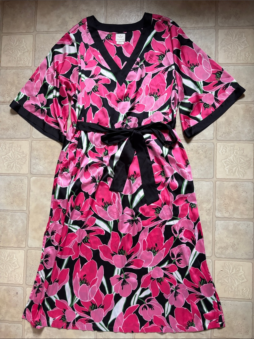 KATE SPADE Floral Caftan Kimono Sleeve Cover Up Maxi Dress Pink Black Size L/XL